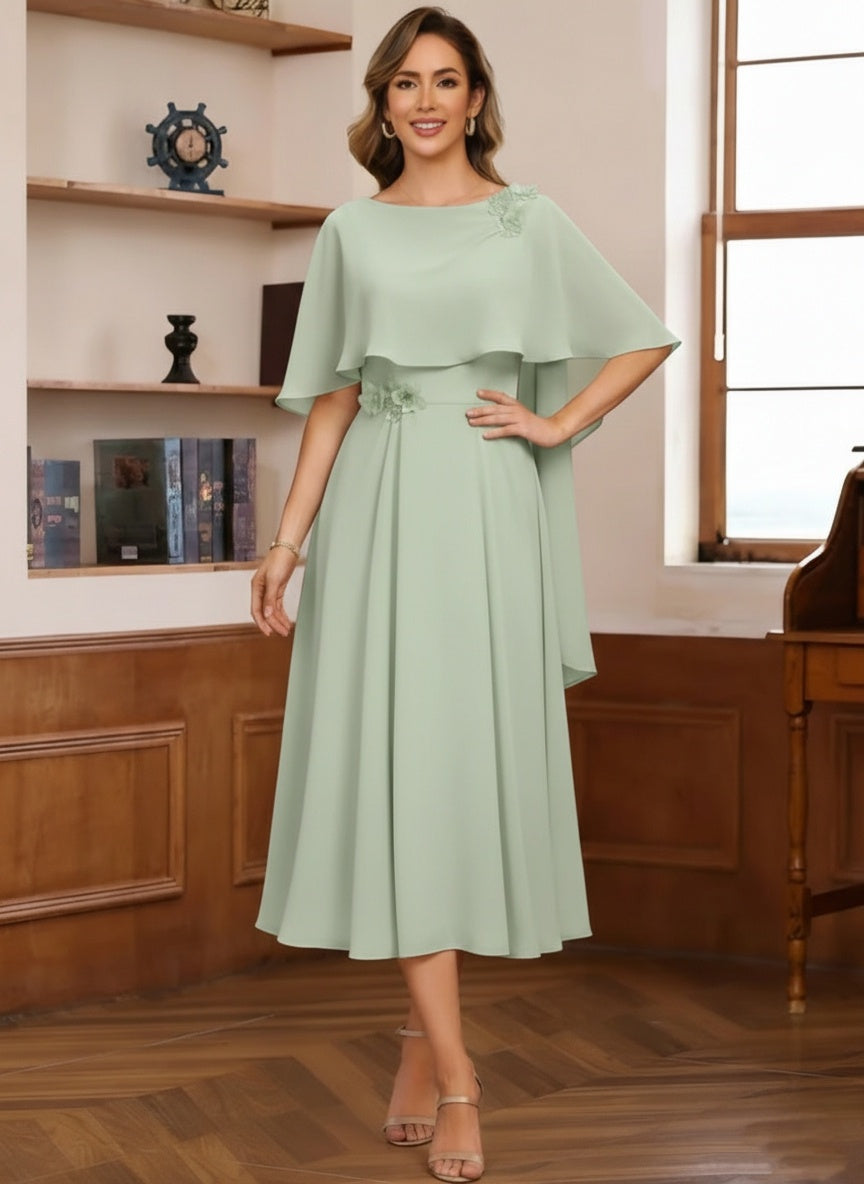 A-Line/Princess Cowl Neck Chiffon Mother of the Bride Dresses Tea-Length Pleated Cape Sleeves Beading