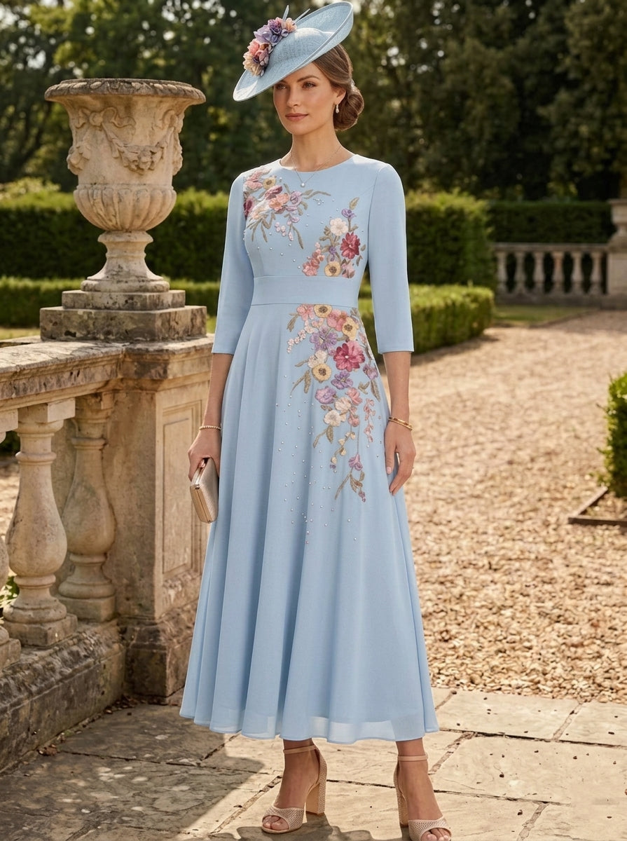 A-Line/Princess Scoop Chiffon Mother of the Bride Dresses 3/4 Sleeves Lace Tea-Length Floral
