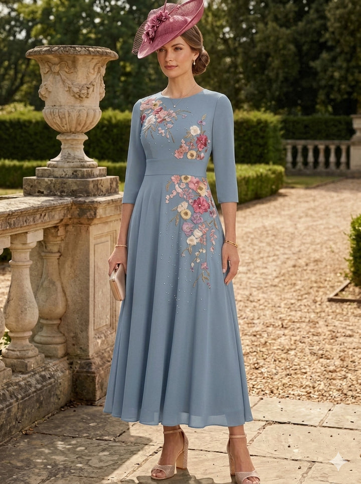 A-Line/Princess Scoop Chiffon Mother of the Bride Dresses 3/4 Sleeves Lace Tea-Length Floral
