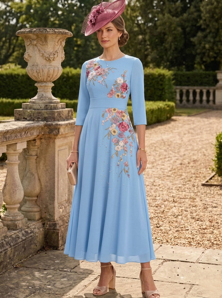 A-Line/Princess Scoop Chiffon Mother of the Bride Dresses 3/4 Sleeves Lace Tea-Length Floral