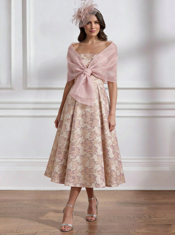A-Line/Princess Strapless Jacquard Mother of the Bride Dresses with Wrap Floral Sleeveles Tea Length