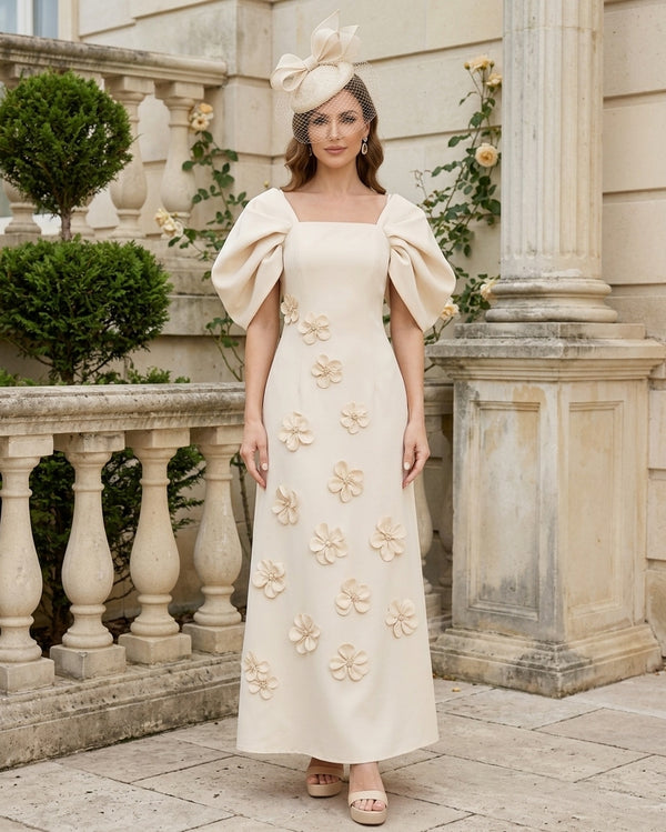 A-Line/Princess Square Collar Stretch Satin Mother of the Bride Dresses with 3D Flowers Puff Sleeves Ankle-Length