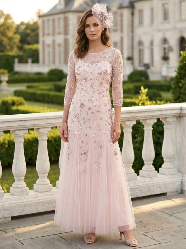 A-Line/Princess Scoop Tulle Mother of the Bride Dresses Sequins Floral Ankle-Length 3/4 Sleeves