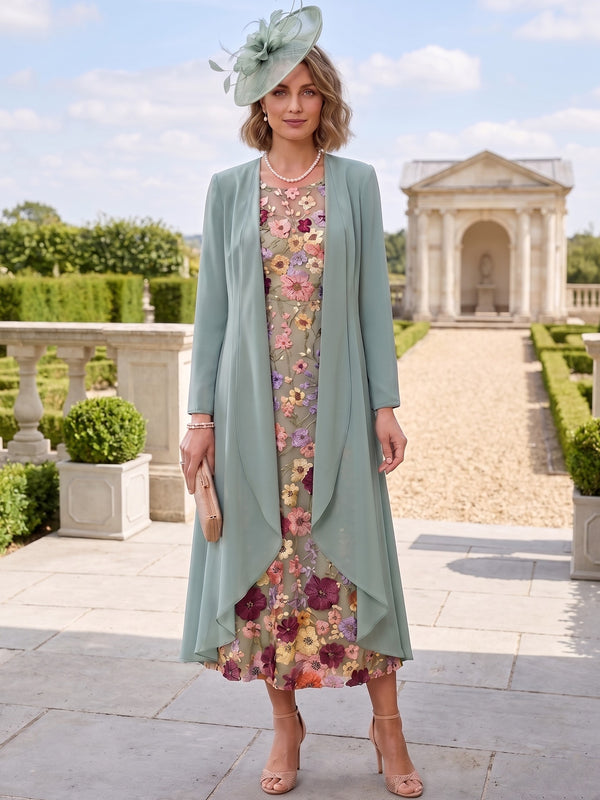 2 Pieces Chiffon A-Line/Princess Scoop Mother of the Bride Dresses with Jacket Tea-Length Long Sleeves Lace Floral