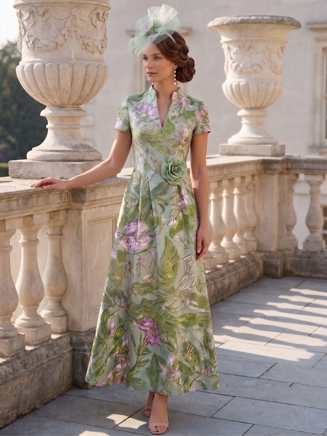 A-Line/Princess V-Neck Satin Mother of the Bride Dresses with 3D Flower Floral Ankle-Length Short Sleeves
