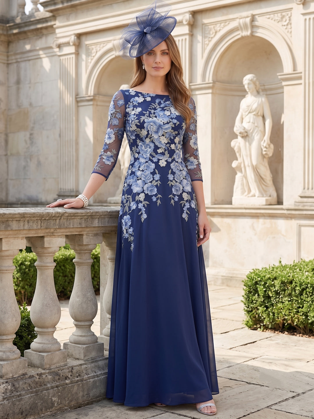 A-Line/Princess Scoop Chiffon Mother of the Bride Dresses Lace Floral 3/4 Sleeves Floor-Length
