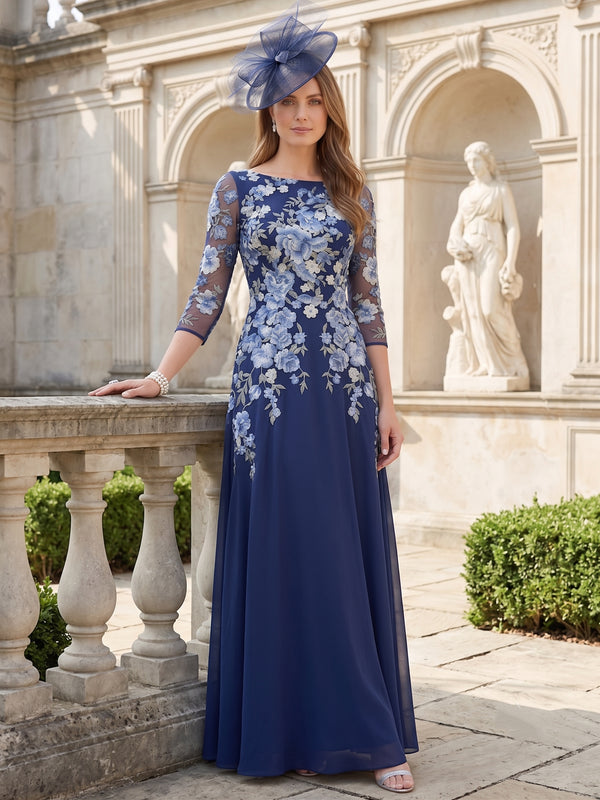 A-Line/Princess Scoop Chiffon Mother of the Bride Dresses Lace Floral 3/4 Sleeves Floor-Length