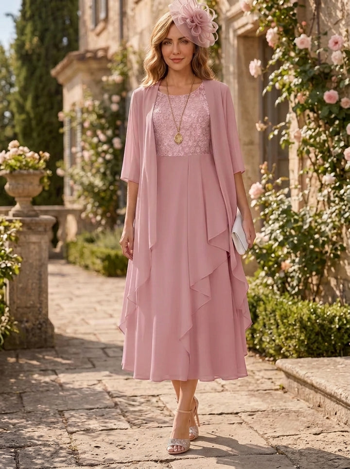 A-Line/Princess Scoop Mother of the Bride Dresses with Jacket Chiffon Tea-Length Ruffles Half Sleeves Lace Floral