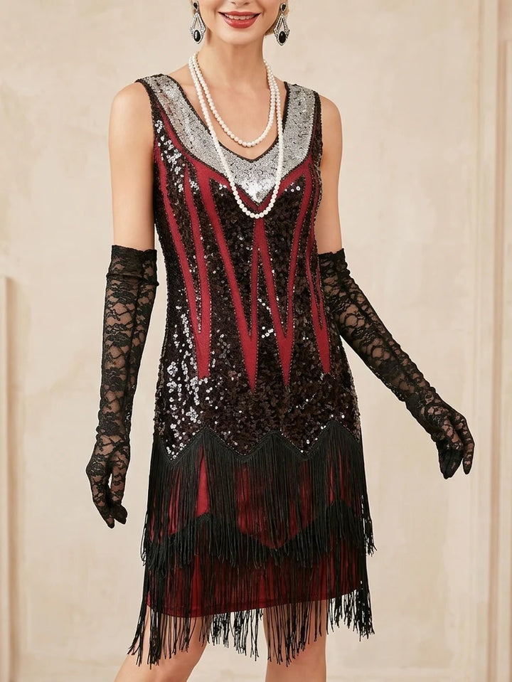 1920s Sheath/Column V-Neck Vintage Tassels Costume Party Dresses Knee-Length Dresses