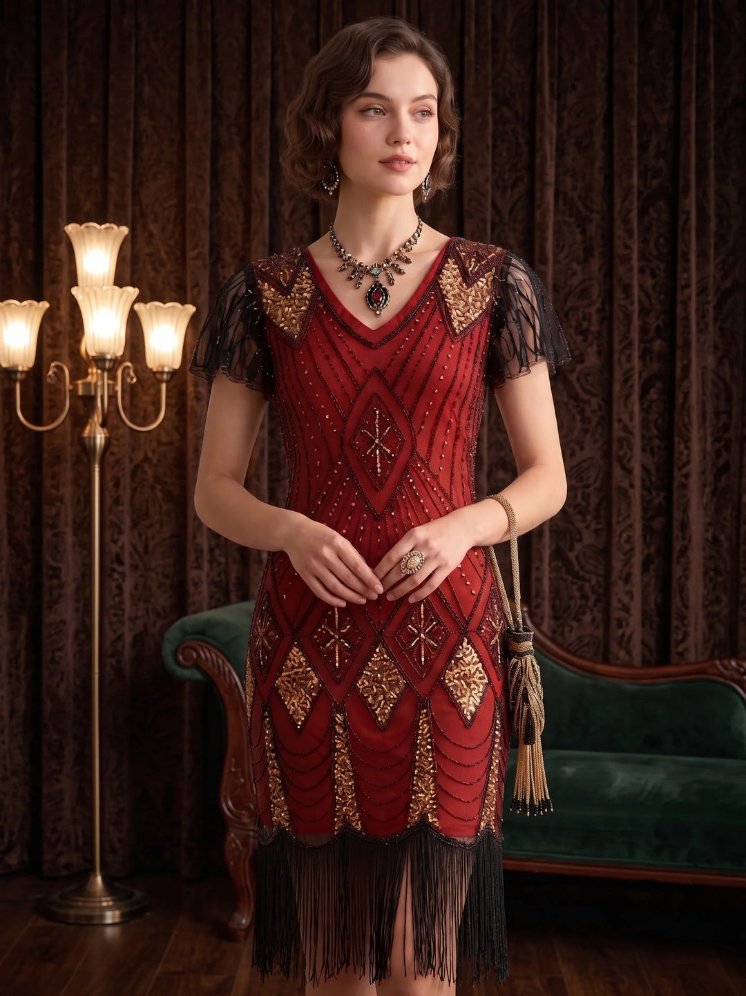 1920s The Great Gatsby Outfit Sheath/Column V-Neck Short Sleeves Sequins Tassels Vintage Dresses