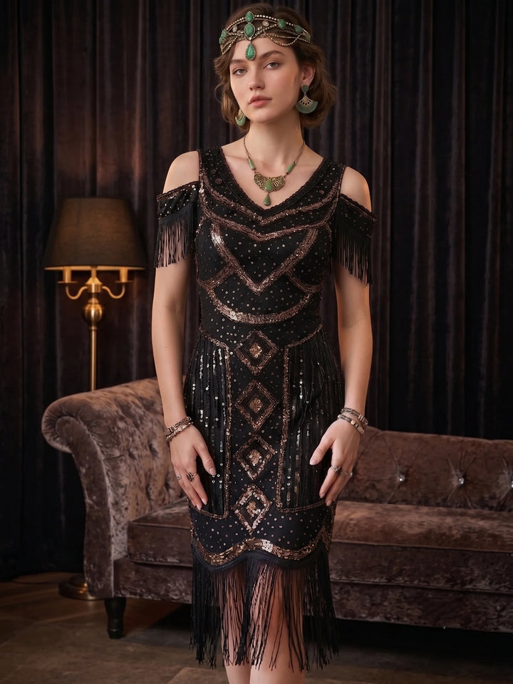 1920s The Great Gatsby Outfit Sheath/Column V-Neck Short Sleeves Sequins Tassels Vintage Dresses Tea-Length
