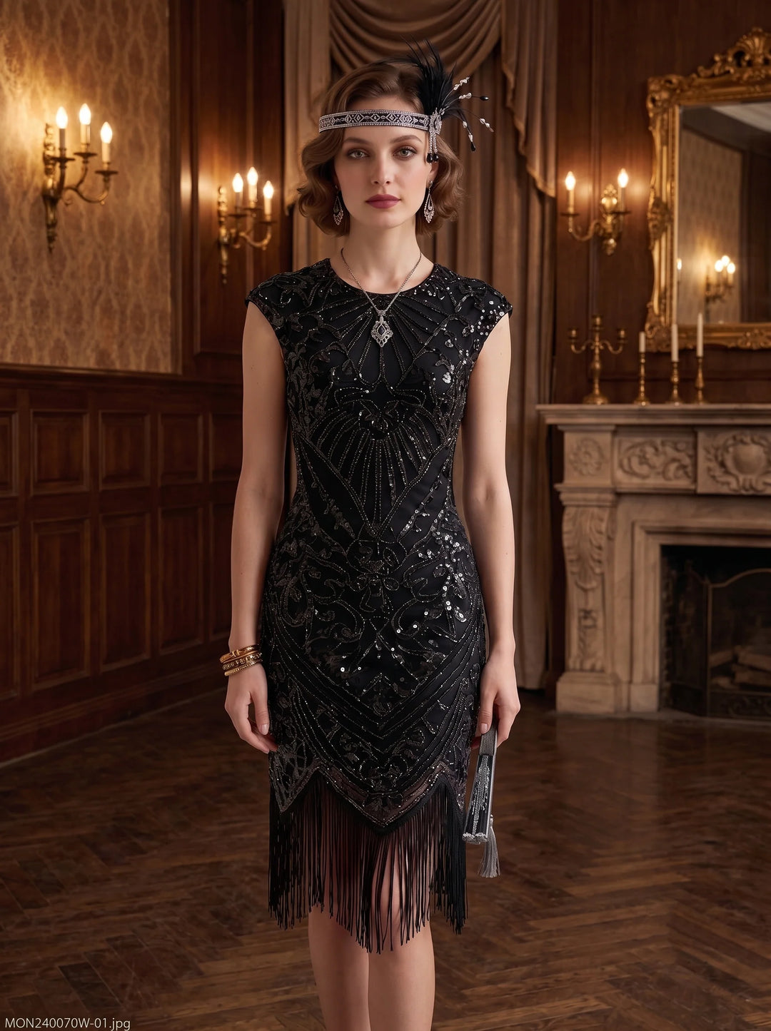 1920s The Great Gatsby Outfit Sheath/Column Scoop Short Sleeves Sequins Tassels Vintage Dresses Tea-Length
