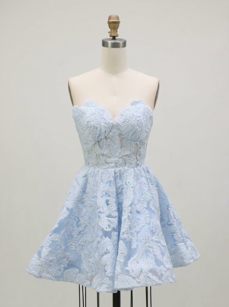 A-Line/Princess Strapless Lace Homecoming Dresses Short/Mini Sleeveless Floral