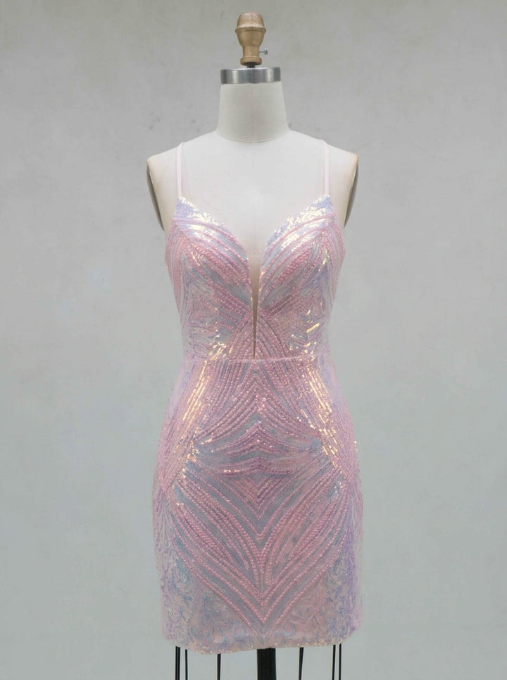 Sheath/Column Spaghetti Straps Sleeveless Short/Mini Homecoming Dresses with Sequins