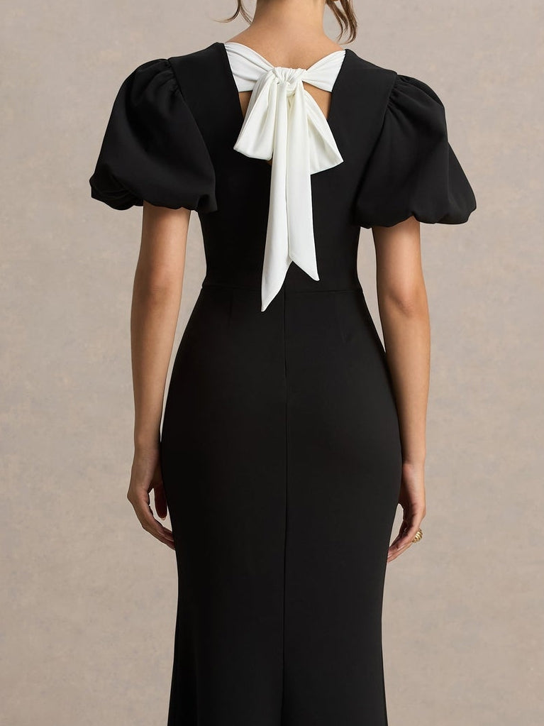 Mermaid  Stretch Satin Crew Neck Wedding Guest Dresses  Floor-Length Bow-Knot Short Sleeves