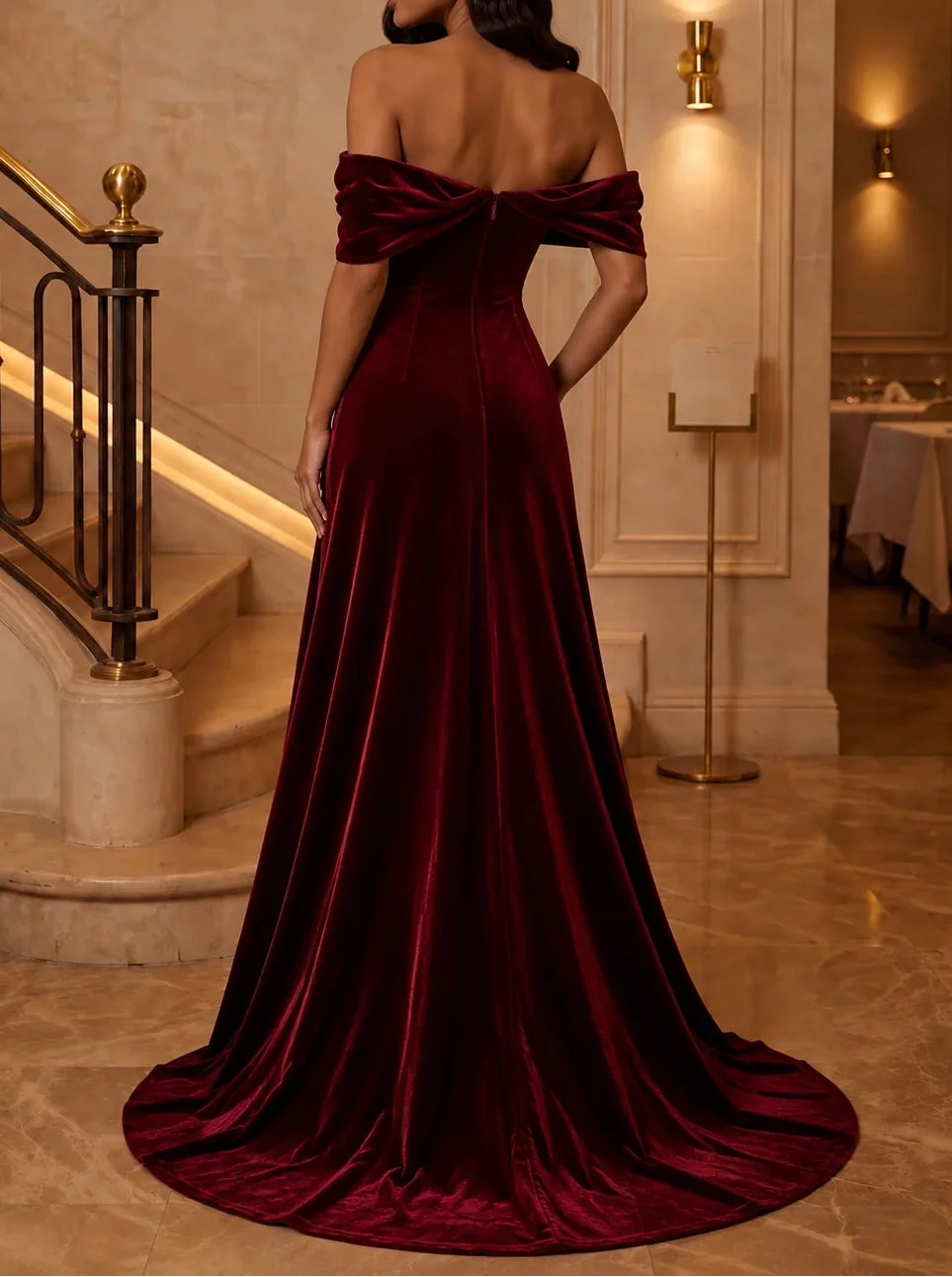 Trumpet/Mermaid Off-the-Shoulder Velvet Evening Dresses Floor-Length Sleeveless Formal Dresses Split Side