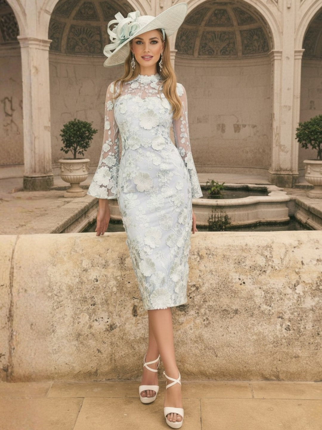 Sheath/Column Long Sleeves Tea-Length Mother of the Bride Dresses with Appliques