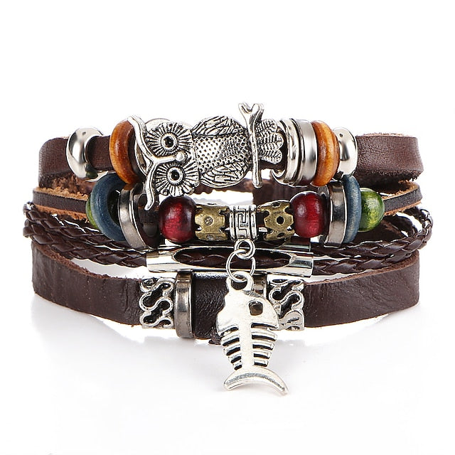 Men's Turquoise Leather Bracelet Classic Retro Leaf Punk Classic Rock Leather Bracelet Jewelry For Gift Daily Beach