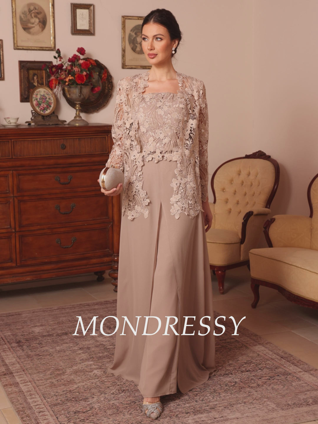 3 Pieces Square Collar Chiffon Mother of the Bride Pantsuits with Jacket Overskirt Lace Floor-Length Long Sleeves
