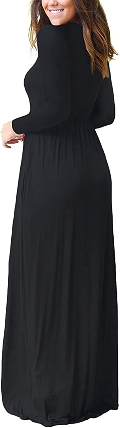Women Long Sleeve Loose Plain Maxi Dresses Casual Long Dresses with Pockets