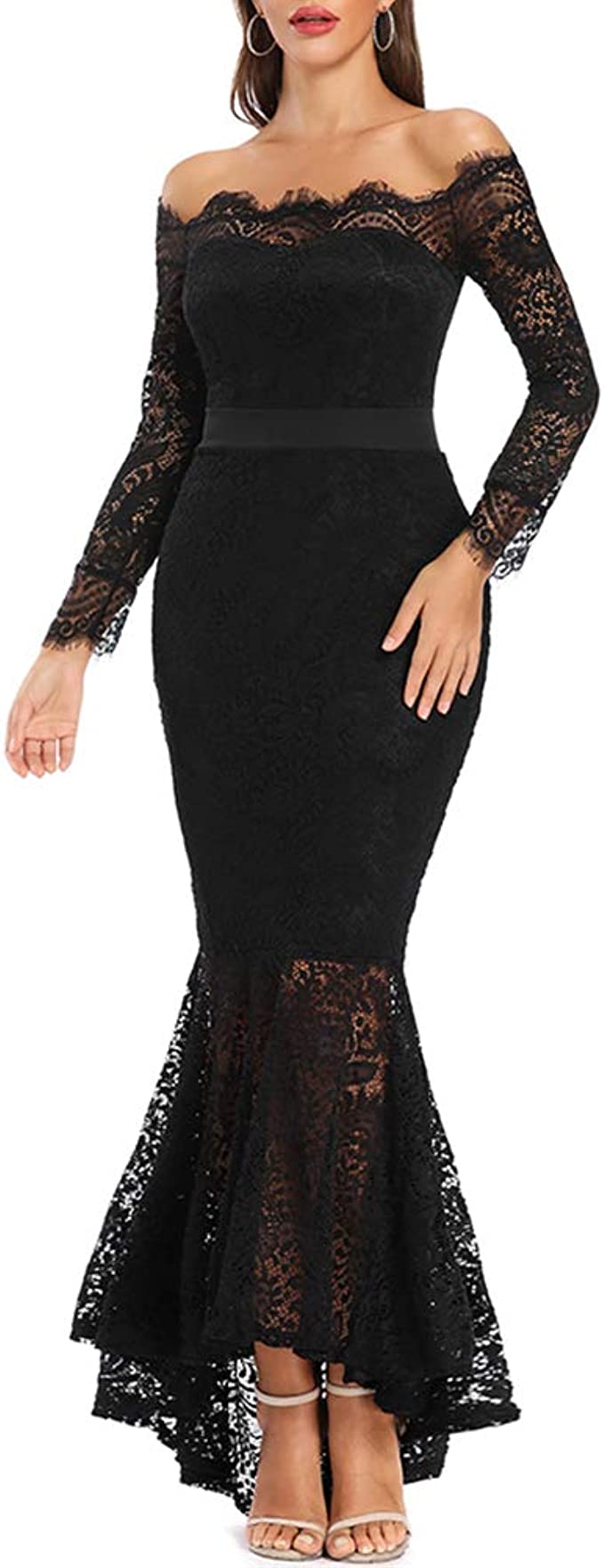 Women's Floral Lace Long Sleeve Off Shoulder Wedding Mermaid Dress