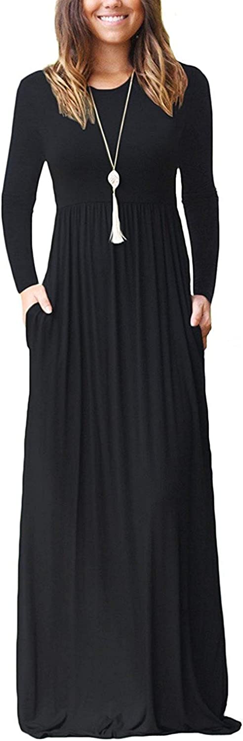 Women Long Sleeve Loose Plain Maxi Dresses Casual Long Dresses with Pockets