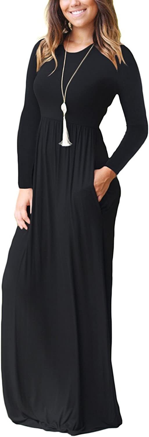 Women Long Sleeve Loose Plain Maxi Dresses Casual Long Dresses with Pockets