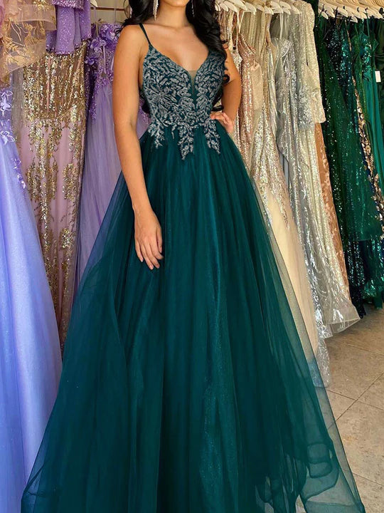 A-Line/Princess Spaghetti Straps Floor-length Long Dresses With Sequins